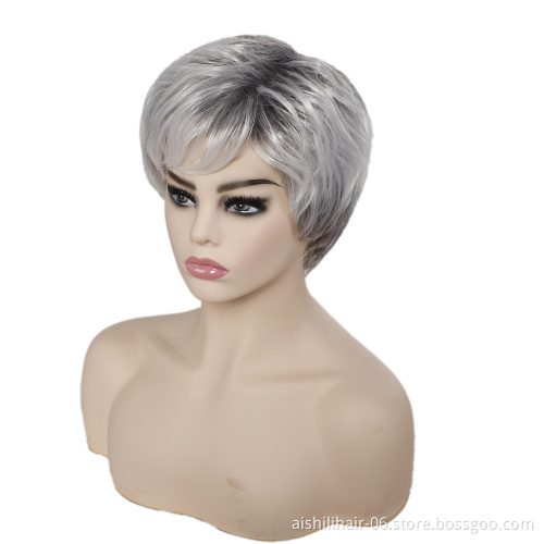 Wholesale stort ombre silvery with gary color wig with  natural bangs synthetic hair wigs for women